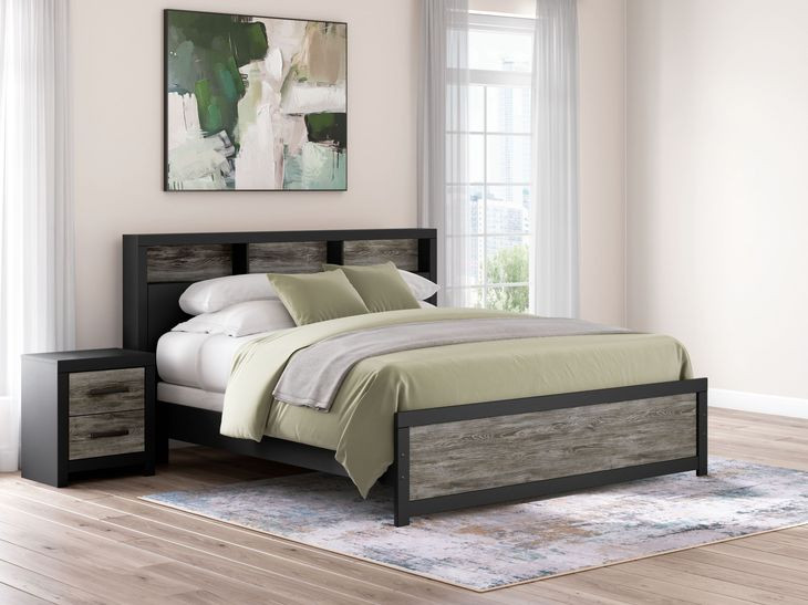 Ryderton Warm Gray and Matte Black King Bookcase Headboard with LED