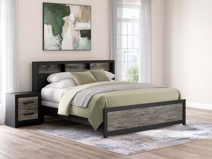Jonnifer Warm Gray and Matte Black King Bookcase Headboard with LED