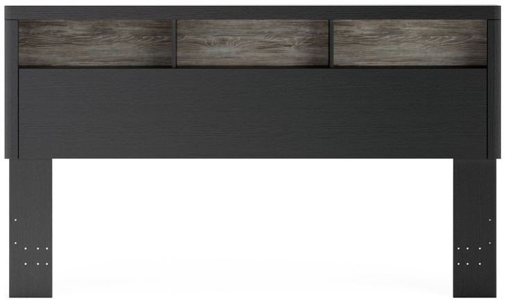 Ryderton Warm Gray and Matte Black King Bookcase Headboard with LED