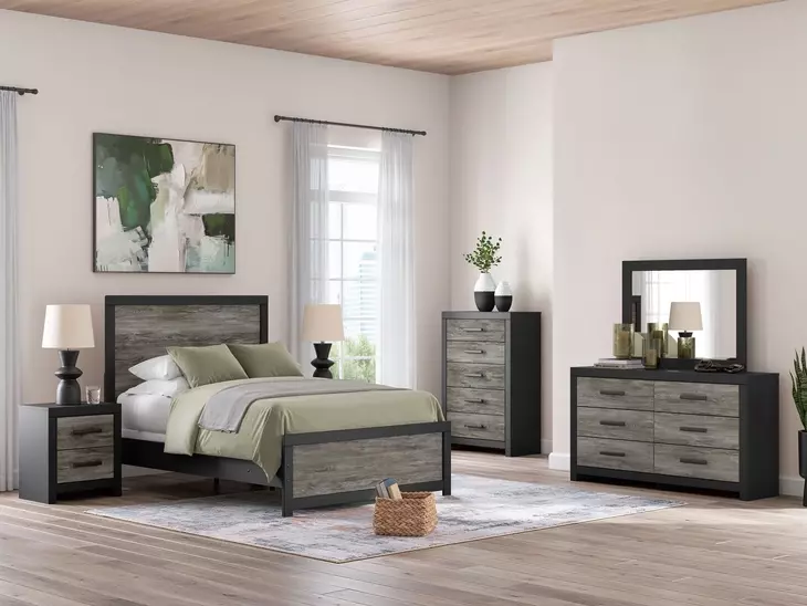 Jonnifer Black and Gray 6 Drawer Dresser with Rectangular Mirror