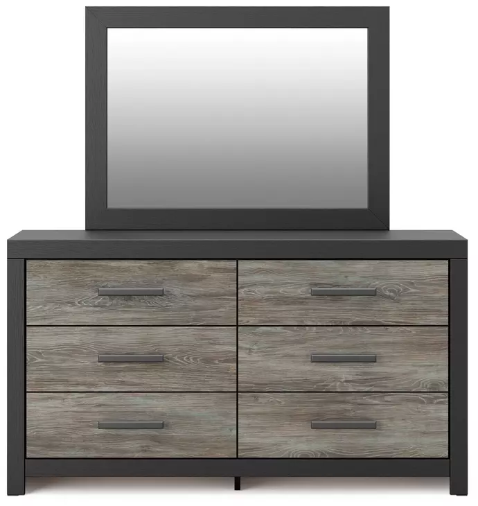 Jonnifer Black and Gray 6 Drawer Dresser with Rectangular Mirror