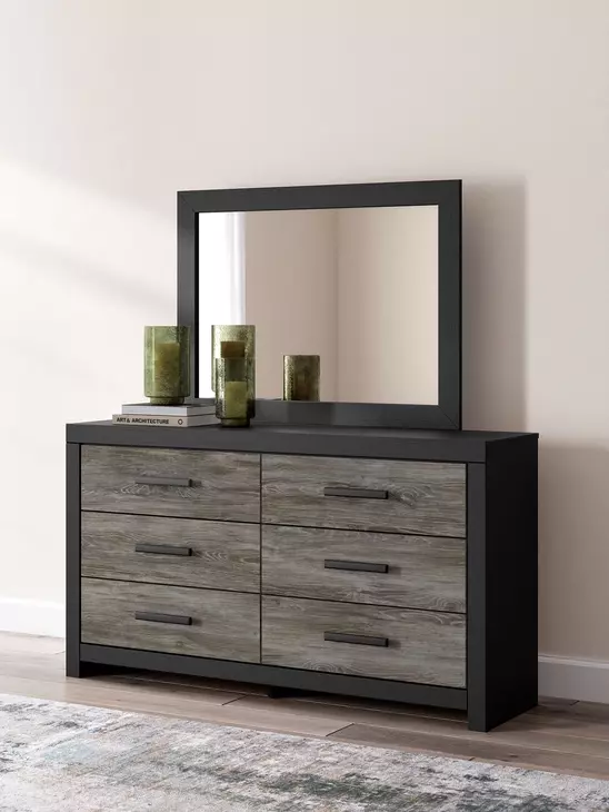 Jonnifer Black and Gray 6 Drawer Dresser with Rectangular Mirror