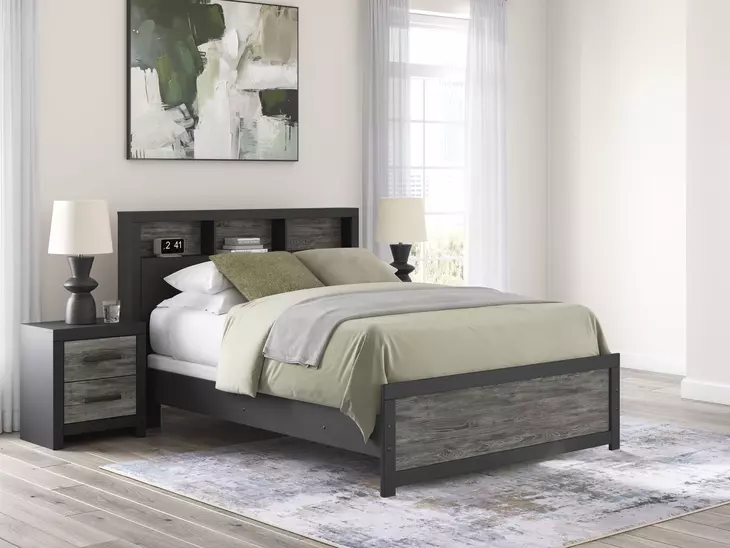 Jonnifer Warm Gray and Matte Black Queen Bookcase Headboard