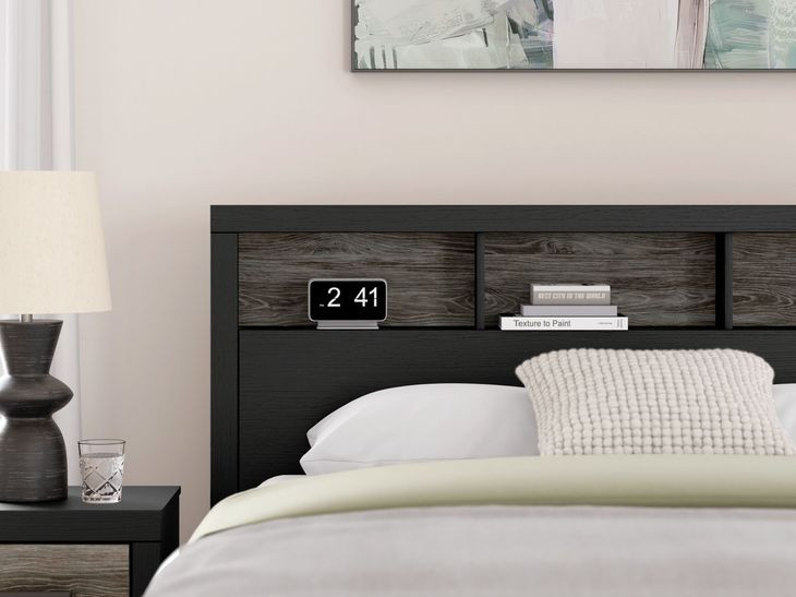 Ryderton Warm Gray and Matte Black King Bookcase Headboard