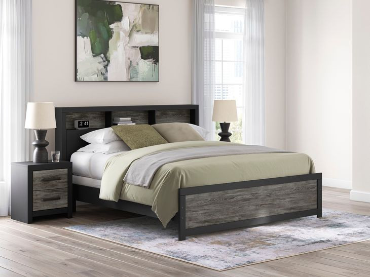 Ryderton Warm Gray and Matte Black King Bookcase Headboard