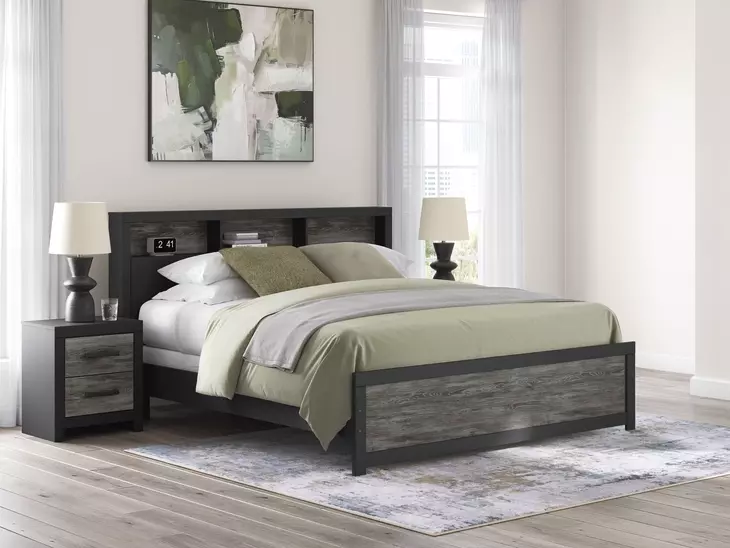 Jonnifer Warm Gray and Matte Black King Bookcase Headboard