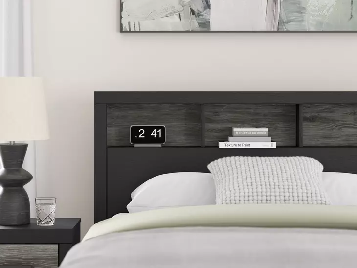 Jonnifer Warm Gray and Matte Black Full Bookcase Headboard
