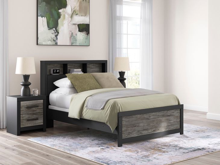 Ryderton Warm Gray and Matte Black Full Bookcase Headboard