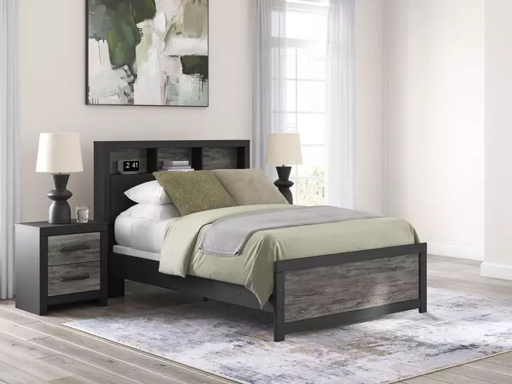 Jonnifer Warm Gray and Matte Black Full Bookcase Headboard