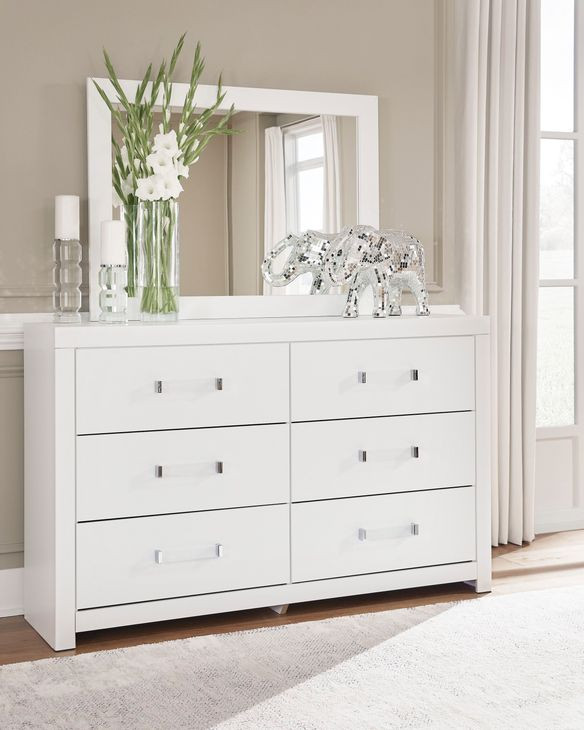 Marzoni White 6 Drawer Dresser and Rectangular Mirror