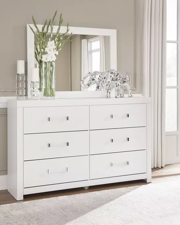 Raechalla White 6 Drawer Dresser and Rectangular Mirror