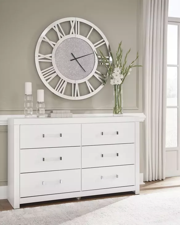 Raechalla White 6 Drawer Dresser and Rectangular Mirror