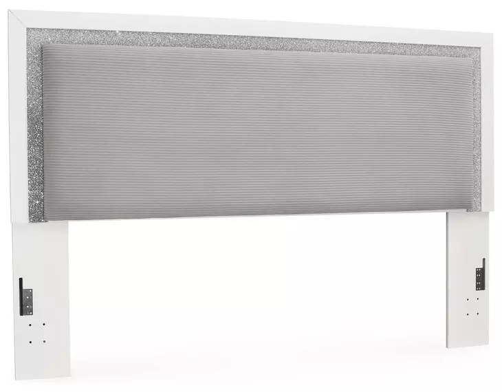 Raechalla White and Gray King Upholstered Panel Headboard and LED