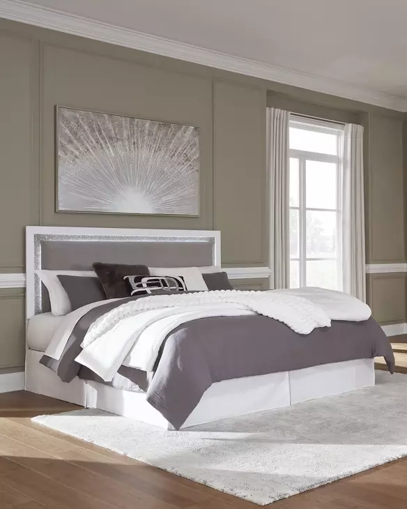 Raechalla White and Gray King Upholstered Panel Headboard and LED