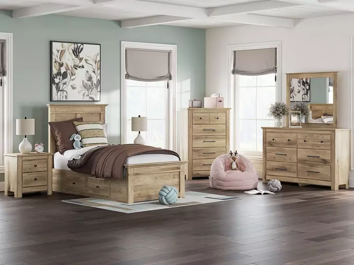 Fenderport Tan Youth Panel Bedroom Set with 2 Side Drawer Storage