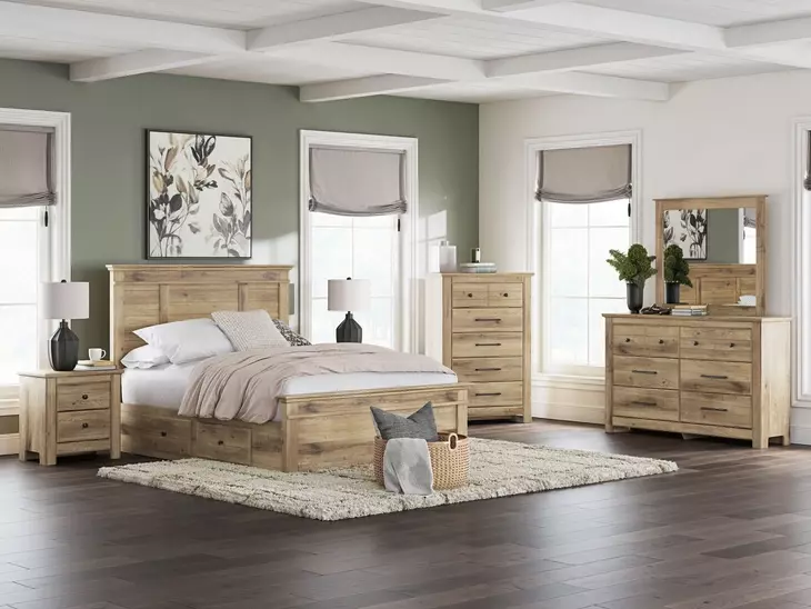 Fenderport Tan Panel Bedroom Set with 4 Side Drawer Storage