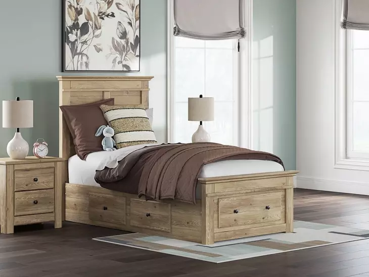 Fenderport Tan Twin Panel Bed with Storage Footboard and 4 Side Drawer
