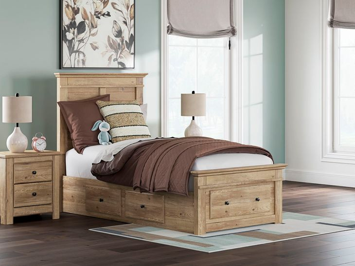 Allihauser Tan Twin Panel Bed with Storage Footboard and 2 Side Drawer