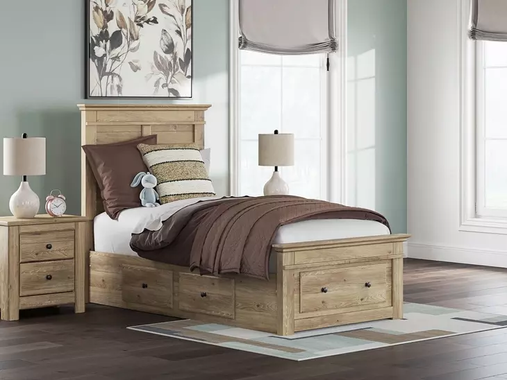 Fenderport Tan Twin Panel Bed with Storage Footboard and 2 Side Drawer