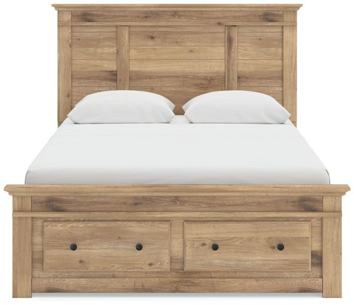 Fenderport Tan Queen Panel Bed with Storage Footboard and 4 Side Drawer