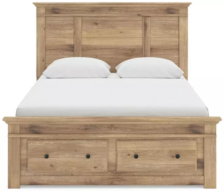 Fenderport Tan Queen Panel Bed with Storage Footboard and 4 Side Drawer