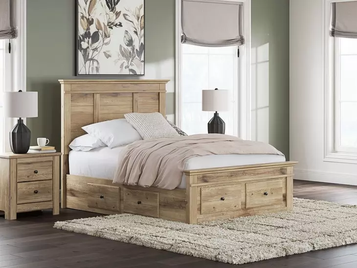 Fenderport Tan Full Panel Bed with Storage Footboard and 2 Side Drawer