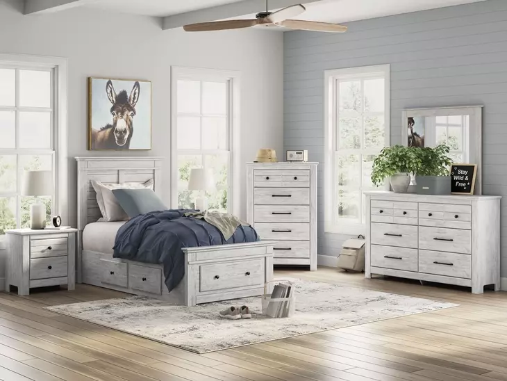 Fenderport Whitewash Youth Panel Bedroom Set with Storage Footboard and 4 Side Drawer