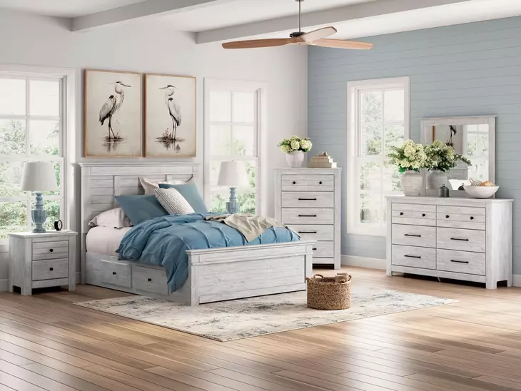 Allihauser Whitewash Full Panel Bed with 4 Side Drawer Storage