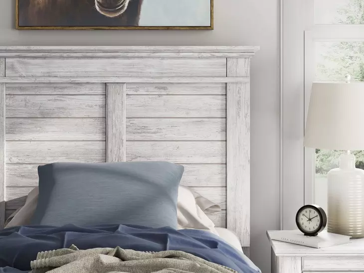 Fenderport Whitewash Twin Panel Bed with Storage Footboard and 4 Side Drawer