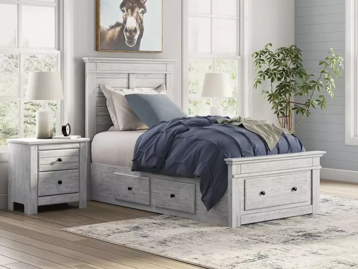 Fenderport Whitewash Youth Panel Bedroom Set with Storage Footboard and 4 Side Drawer