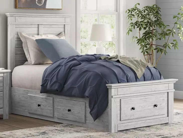 Fenderport Whitewash Twin Panel Bed with Storage Footboard and 4 Side Drawer