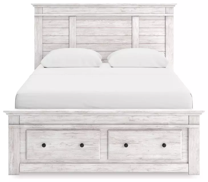 Allihauser Whitewash Queen Panel Bed with Storage Footboard and 4 Side Drawer