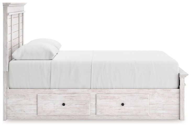 Allihauser Whitewash King Panel Bed with Storage Footboard and 4 Side Drawer
