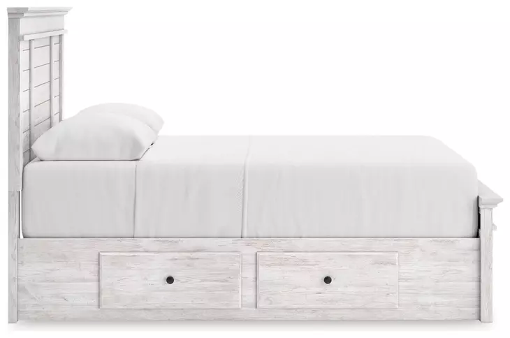 Allihauser Whitewash Queen Panel Bed with Storage Footboard and 4 Side Drawer