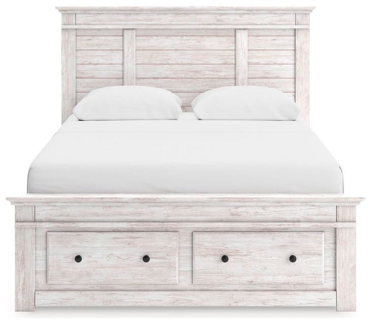 Allihauser Whitewash King Panel Bed with Storage Footboard and 2 Side Drawer