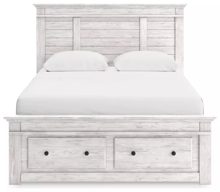 Allihauser Whitewash King Panel Bed with Storage Footboard and 2 Side Drawer