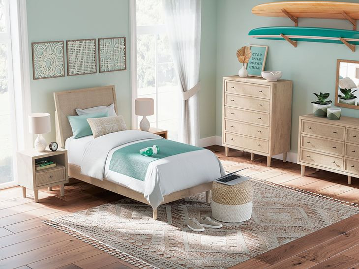 Cielden Brown and Beige 6 Drawer Dresser with Rectangular Mirror