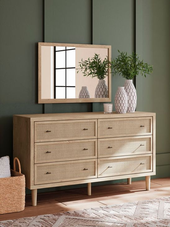 Cielden Brown and Beige 6 Drawer Dresser with Rectangular Mirror