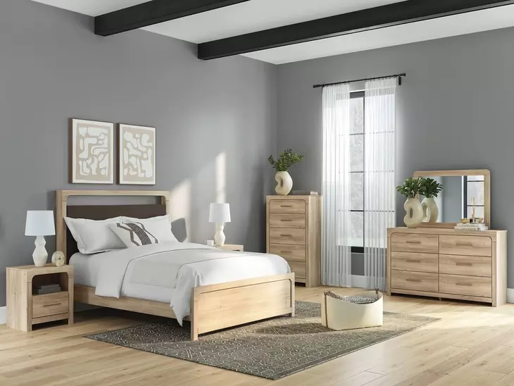 Hollymount Tan and Brown Upholstered Platform Bedroom Set with LED