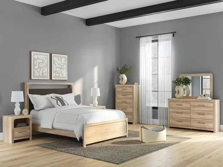 Hollymount Tan and Brown Upholstered Panel Bedroom Set with LED