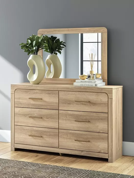 Hollymount Tan 6 Drawer Dresser and Rectangular Mirror