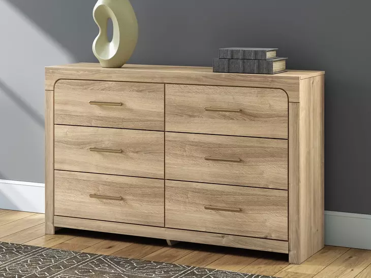Hollymount Tan 6 Drawer Dresser and Rectangular Mirror
