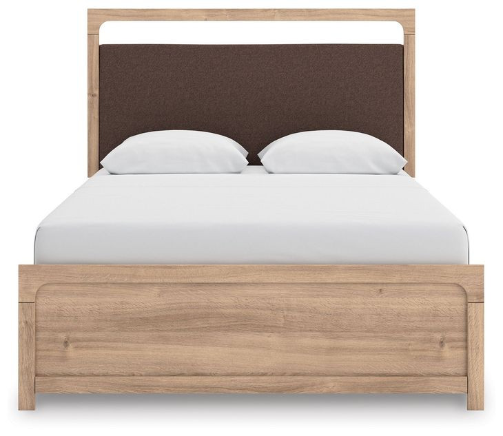 Prandefort Tan and Brown Queen Upholstered Platform Bed with LED