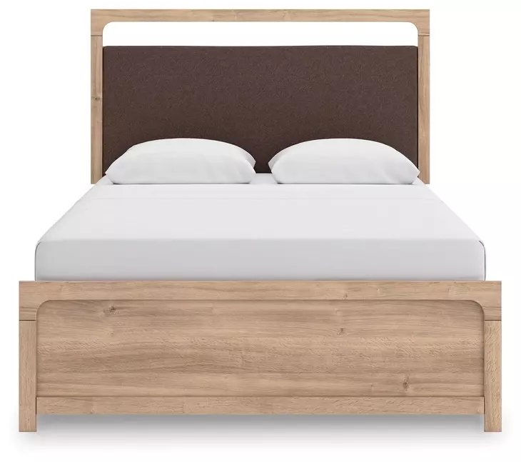 Hollymount Tan and Brown Queen Upholstered Panel Bed with LED