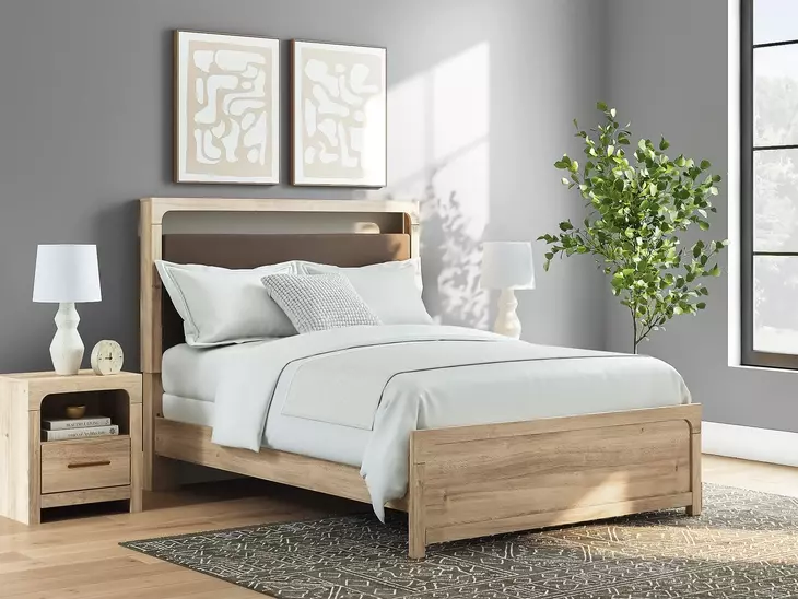 Hollymount Tan and Brown Queen Upholstered Panel Bed with LED