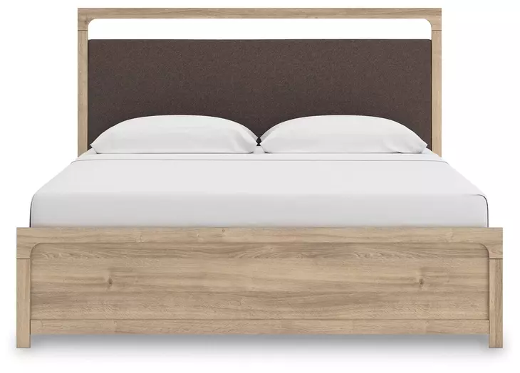 Hollymount Tan and Brown King Upholstered Platform Bed with LED