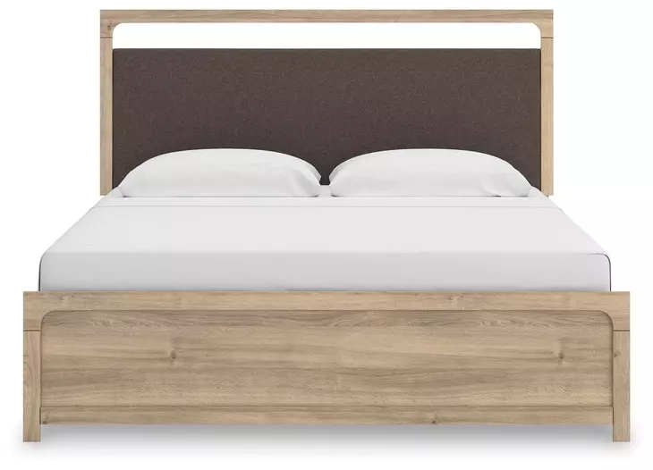 Hollymount Tan and Brown King Upholstered Panel Bed with LED