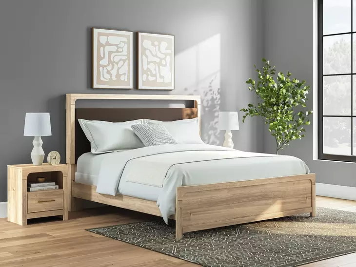 Hollymount Tan and Brown King Upholstered Panel Bed with LED