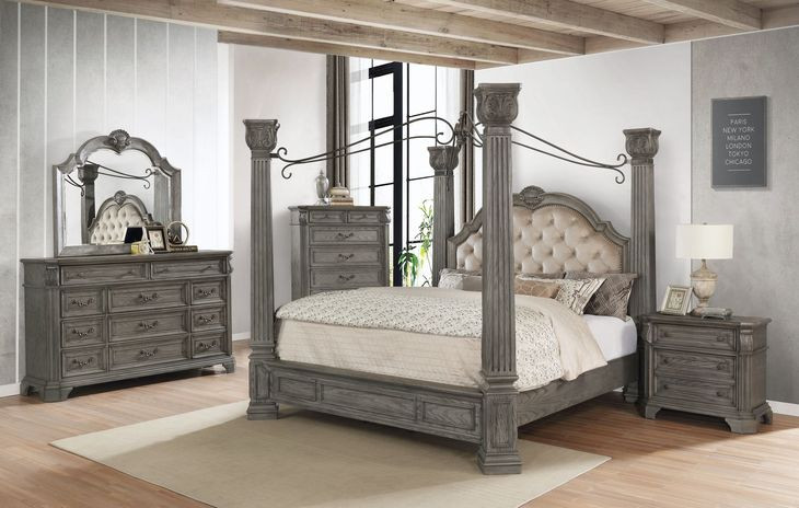 B01550 Gray Upholstered King Canopy Bed