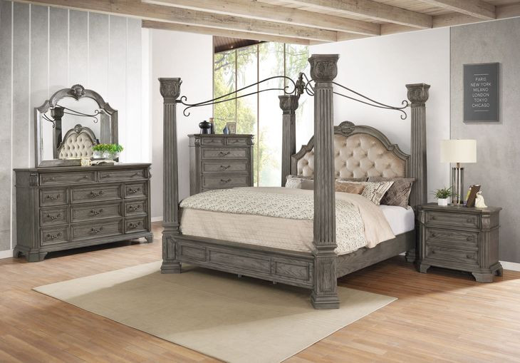B01550 Gray Upholstered King Canopy Bed